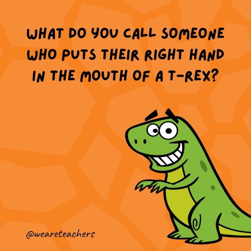 What do you call someone who puts their right hand in the mouth of a T-Rex?