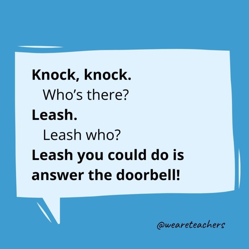 Knock, knock.
Who’s there?
Leash.
Leash who?
Leash you could do is answer the doorbell!