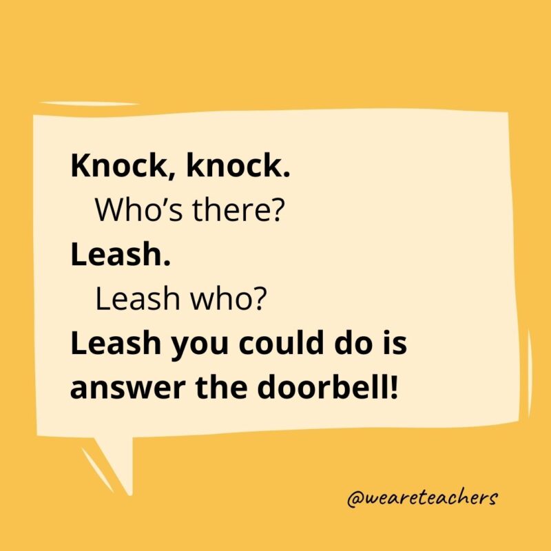 Knock, knock.
Who’s there?
Leash.
Leash who?
Leash you could do is answer the doorbell!