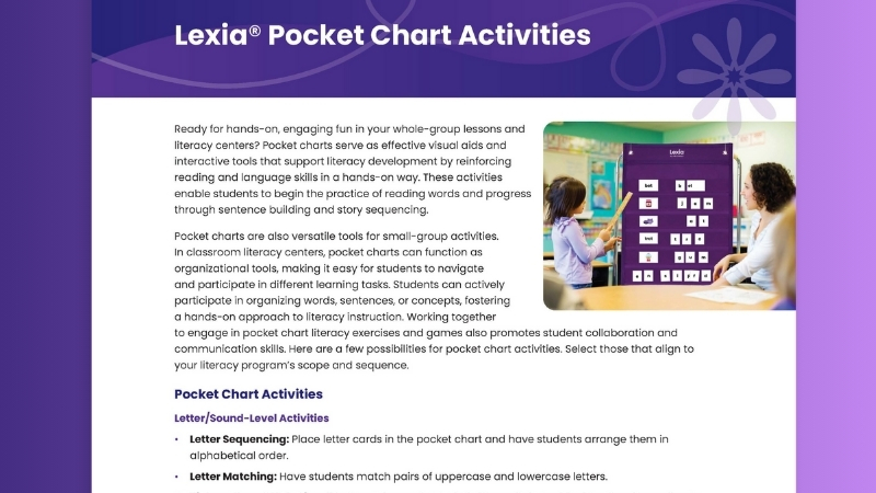 Flatlay of a pocket chart activities guide page