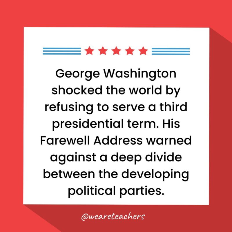 George Washington shocked the world by refusing to serve a third presidential term. His Farewell Address warned against a deep divide between the developing political parties.