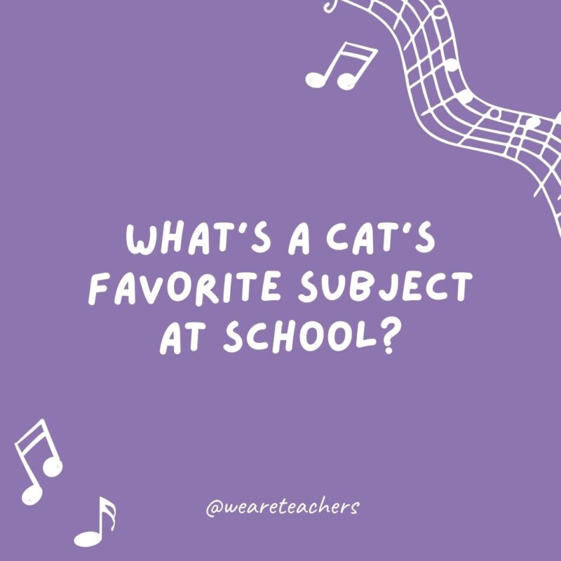 Example of music jokes for kids: What's a cat's favorite subject at school? Mew-sic.