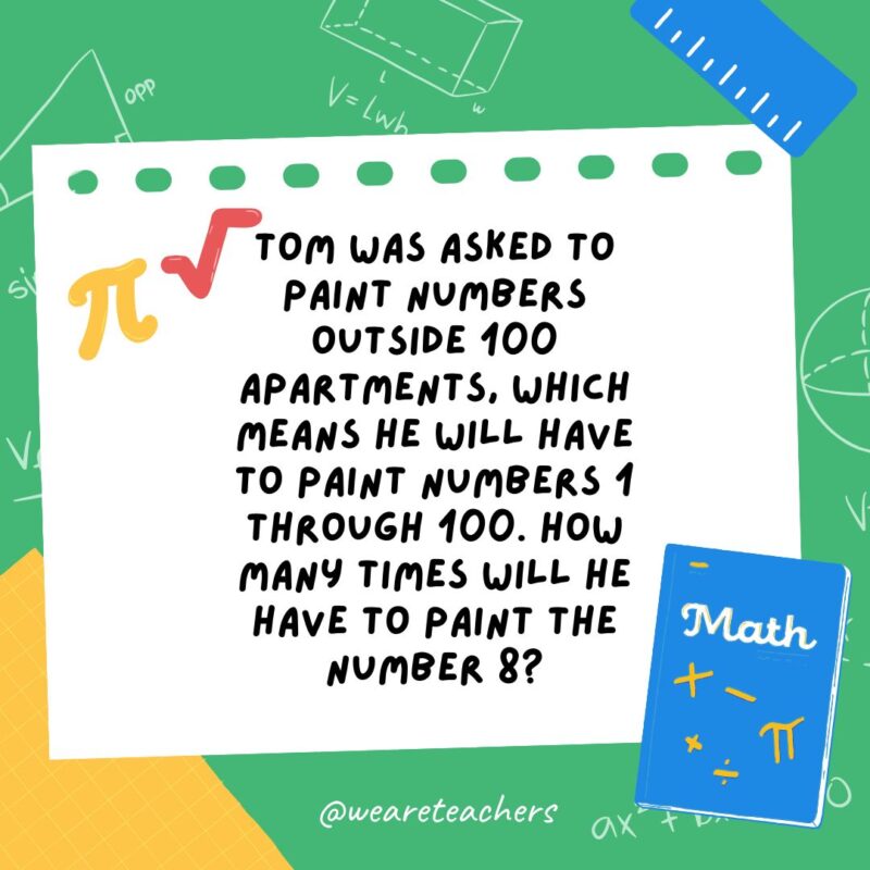 29. Tom was asked to paint numbers outside 100 apartments, which means he will have to paint numbers 1 through 100. How many times will he have to paint the number 8?