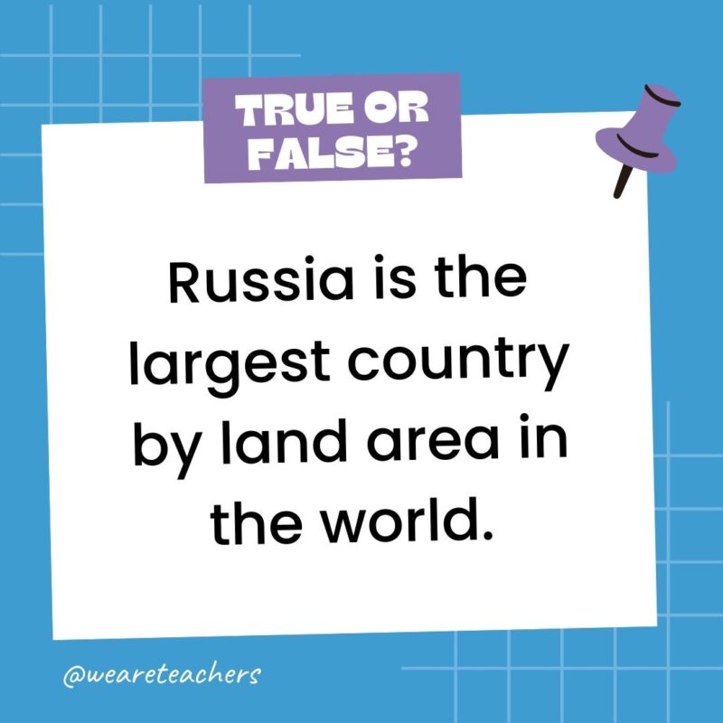 Russia is the largest country by land area in the world.- true or false questions