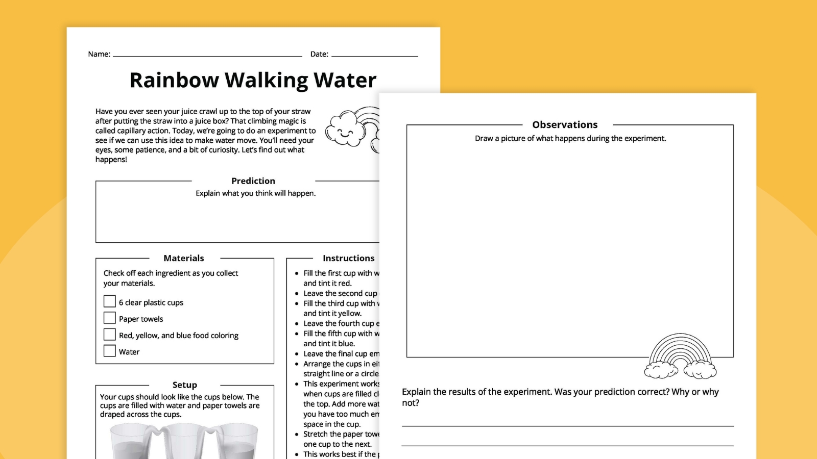 free Rainbow Walking Water Experiment how-to and worksheet