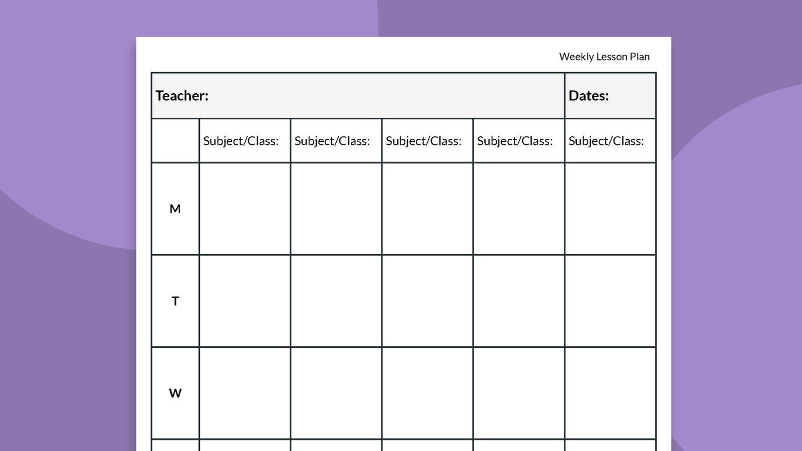 Weekly Overview Lesson Plan Template: Single Subject