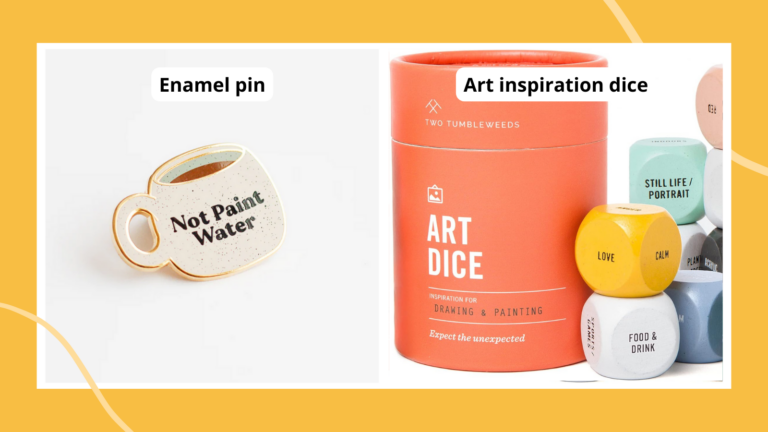 Examples of gifts for art teachers including an pin and music dice.