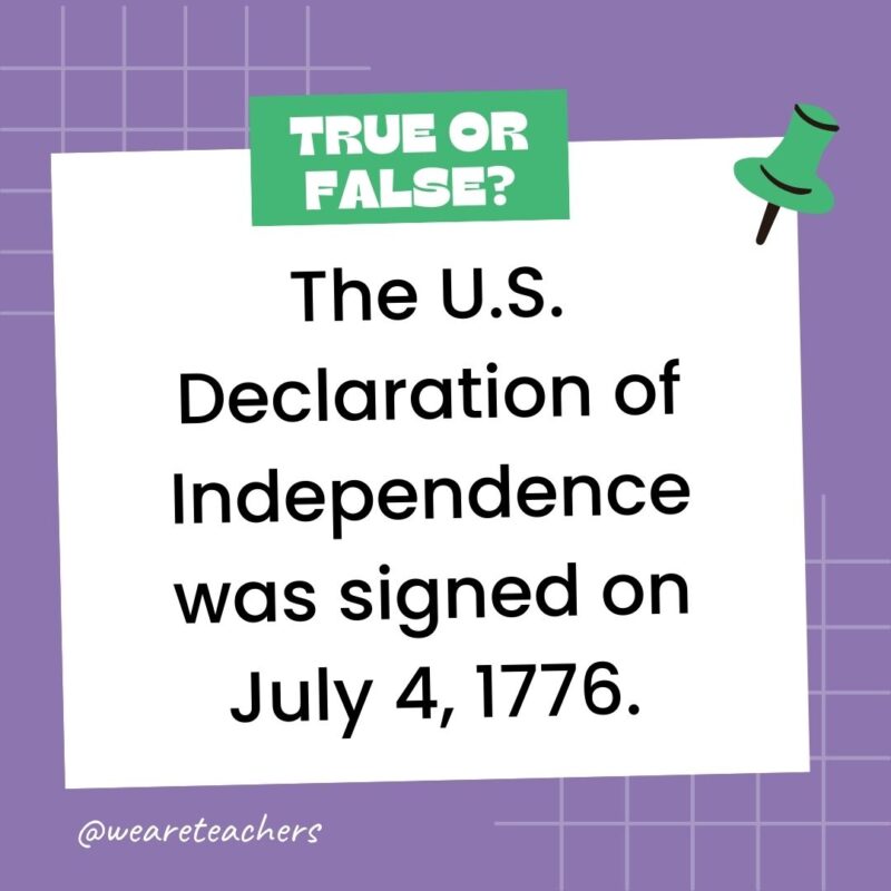 The U.S. Declaration of Independence was signed on July 4, 1776.