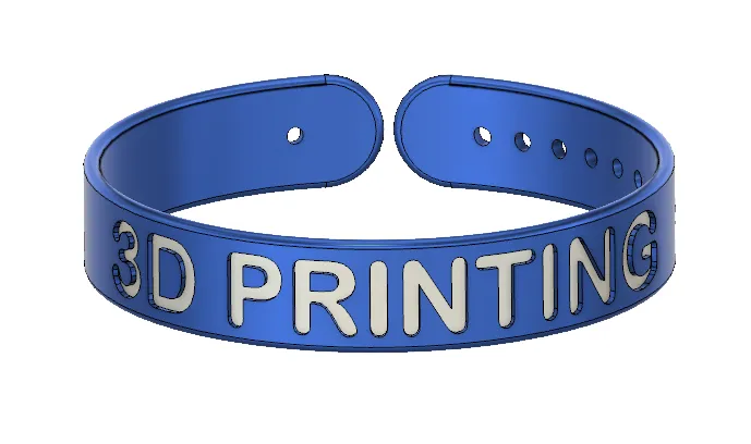 A blue bracelet says 3D Printing on it in this example of 3D printing ideas.