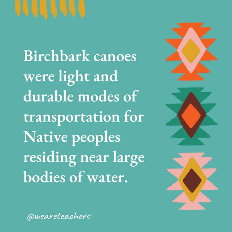 Birchbark canoes were light and durable modes of transportation for Native peoples residing near large bodies of water.  