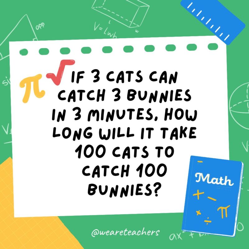 8. If 3 cats can catch 3 bunnies in 3 minutes, how long will it take 100 cats to catch 100 bunnies?- math brain teasers