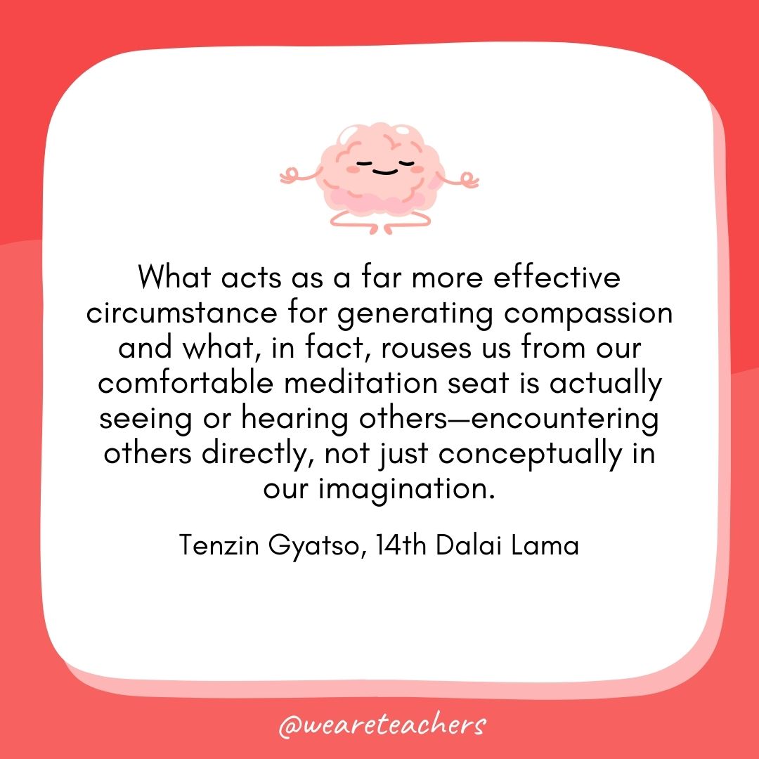 What acts as a far more effective circumstance for generating compassion and what, in fact, rouses us from our comfortable meditation seat is actually seeing or hearing others—encountering others directly, not just conceptually in our imagination. 