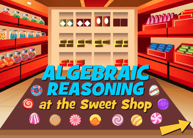 Screenshot from Algebraic Reasoning at the Sweet Shop online fifth grade math game