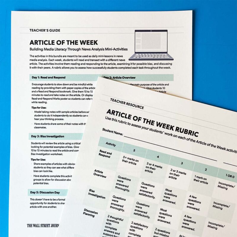 Image of the Teacher's Guide and Grading Rubric in the Article of the Week activity bundle