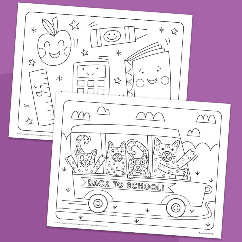 School supply coloring page and bus coloring page