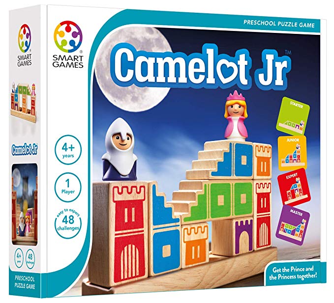 Camelot Jr game box featuring royal figures on wooden blocks