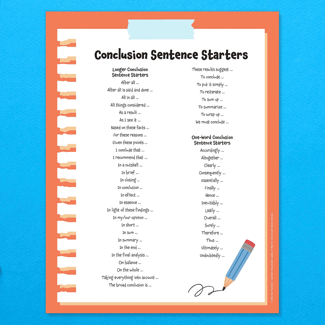 GIF featuring a variety of conclusion sentence starters worksheets and word banks.