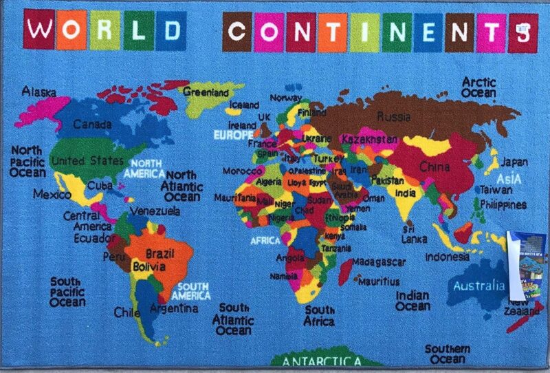 A blue rug that says World Continents in rainbow letters shows a large marp.
