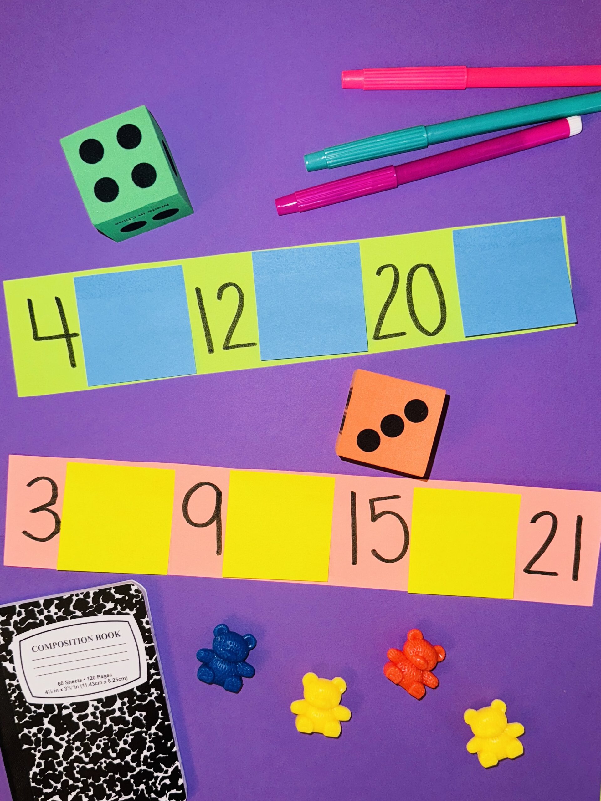 Colored paper covered in sticky notes with numbers written on the paper- skip counting