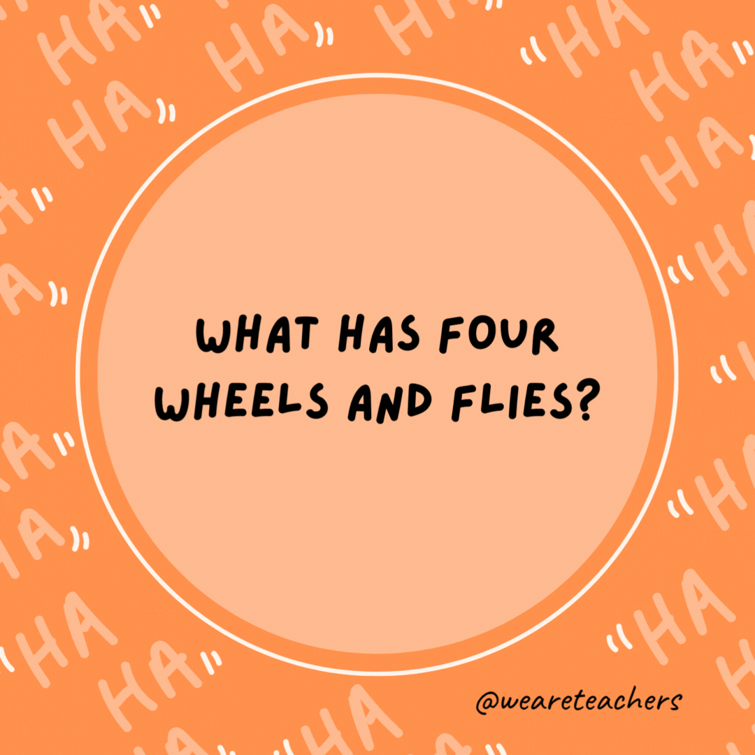 What has four wheels and flies?

A garbage truck.- dad jokes for kids