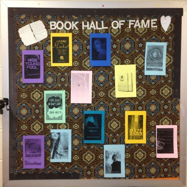 Student book reviews posted on a bulletin board labeled Book Hall of Fame