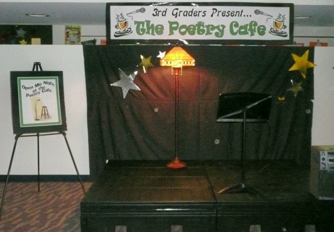A stage is set for a poetry open mic night