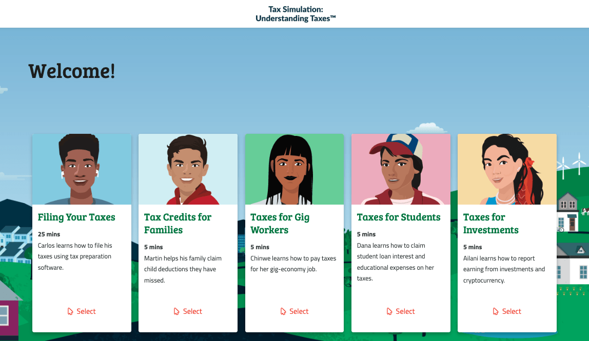 Everfi Tax simulation welcome screen with lesson names