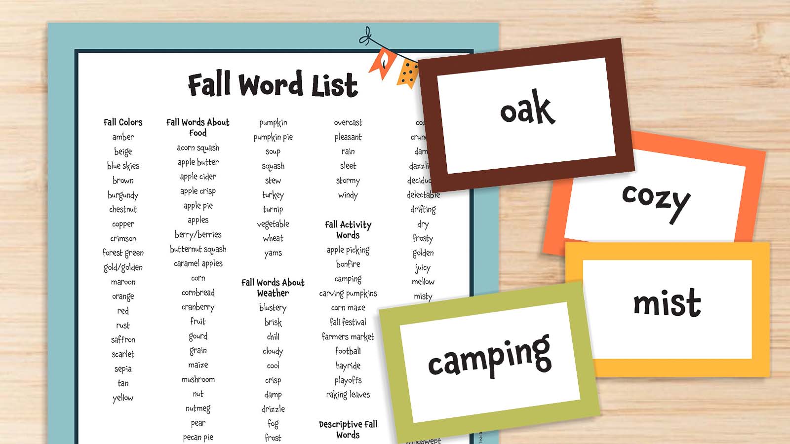 175+ Festive Fall Words (Free Printable List and Cards, Plus Teaching Ideas)