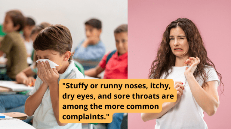 Images of boy blowing his nose in a classroom and a woman looking grossed out