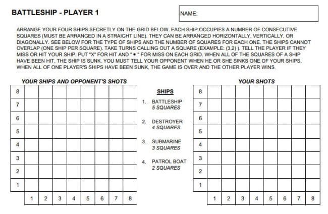 Printable worksheet for playing the game Battleship on coordinate planes