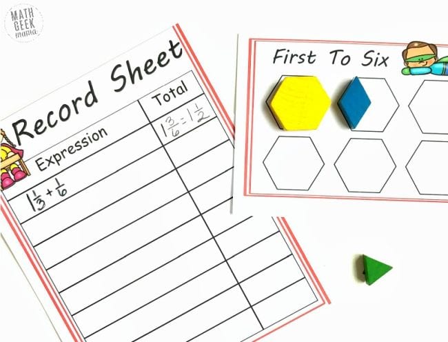 Score sheet and printable game board for Race to Six with pattern blocks in some spaces