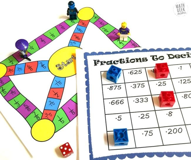 Printable board game and playing pieces for fraction and decimal practice