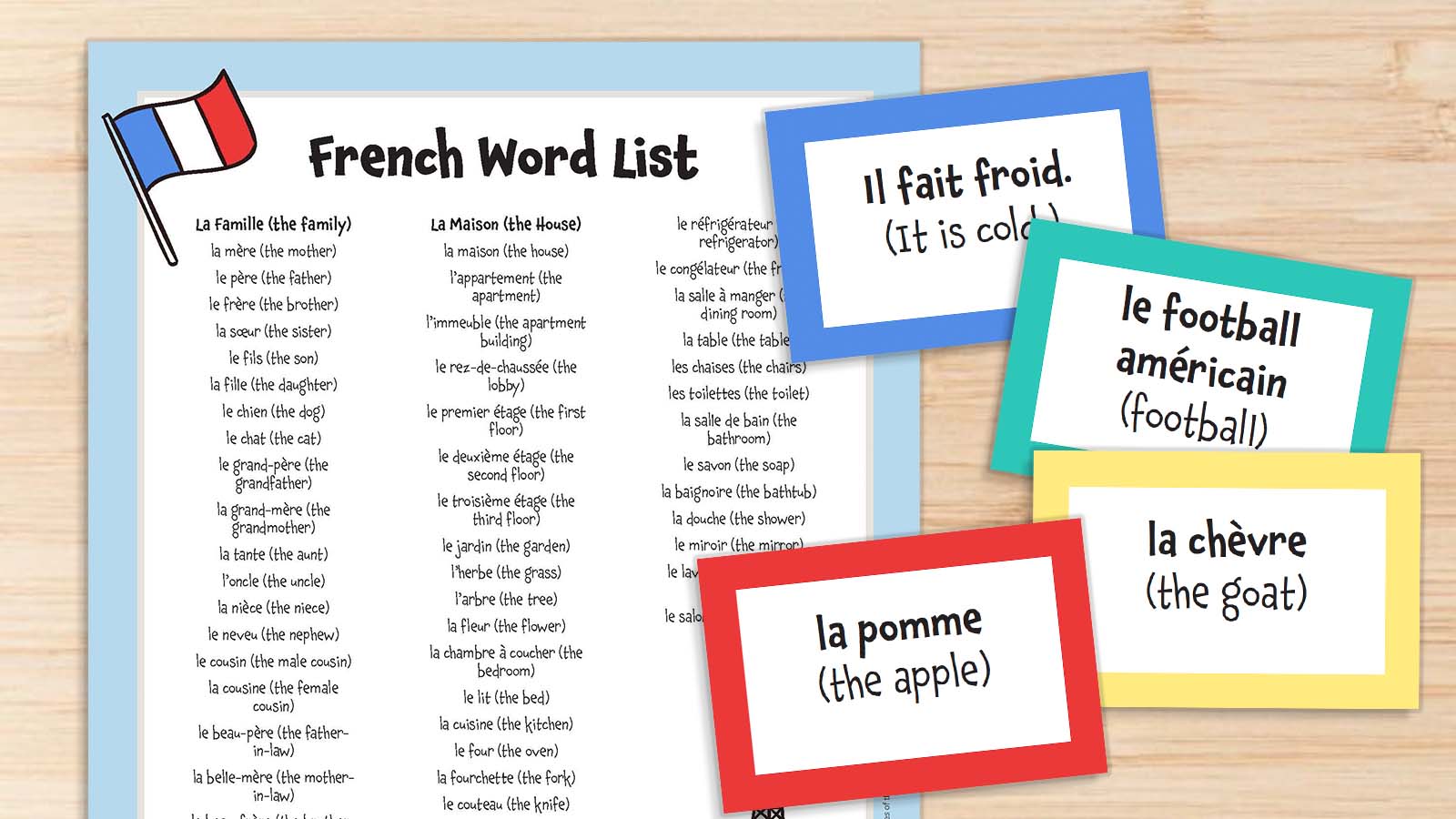 French Vocabulary Words (Free Printable List, Cards, Activities)