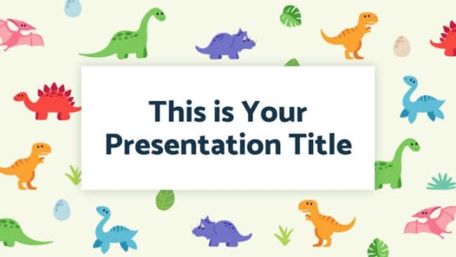 Google Slides template with colorful cartoon dinosaurs and text reading 