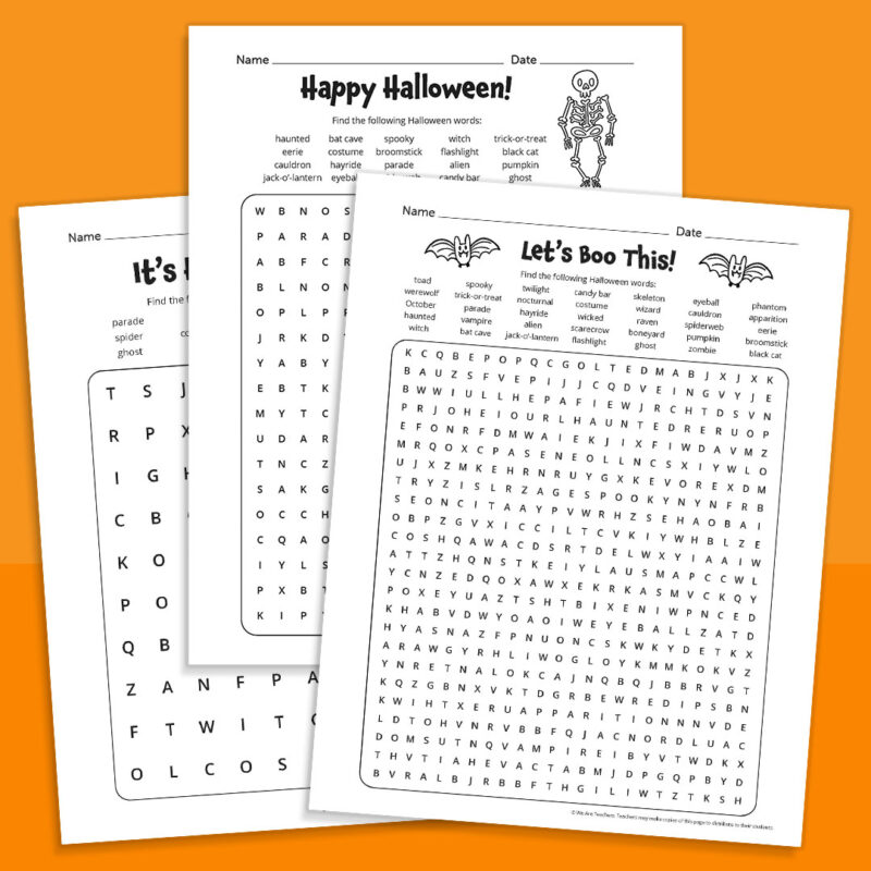 Halloween word search puzzles: easy, medium, and hard