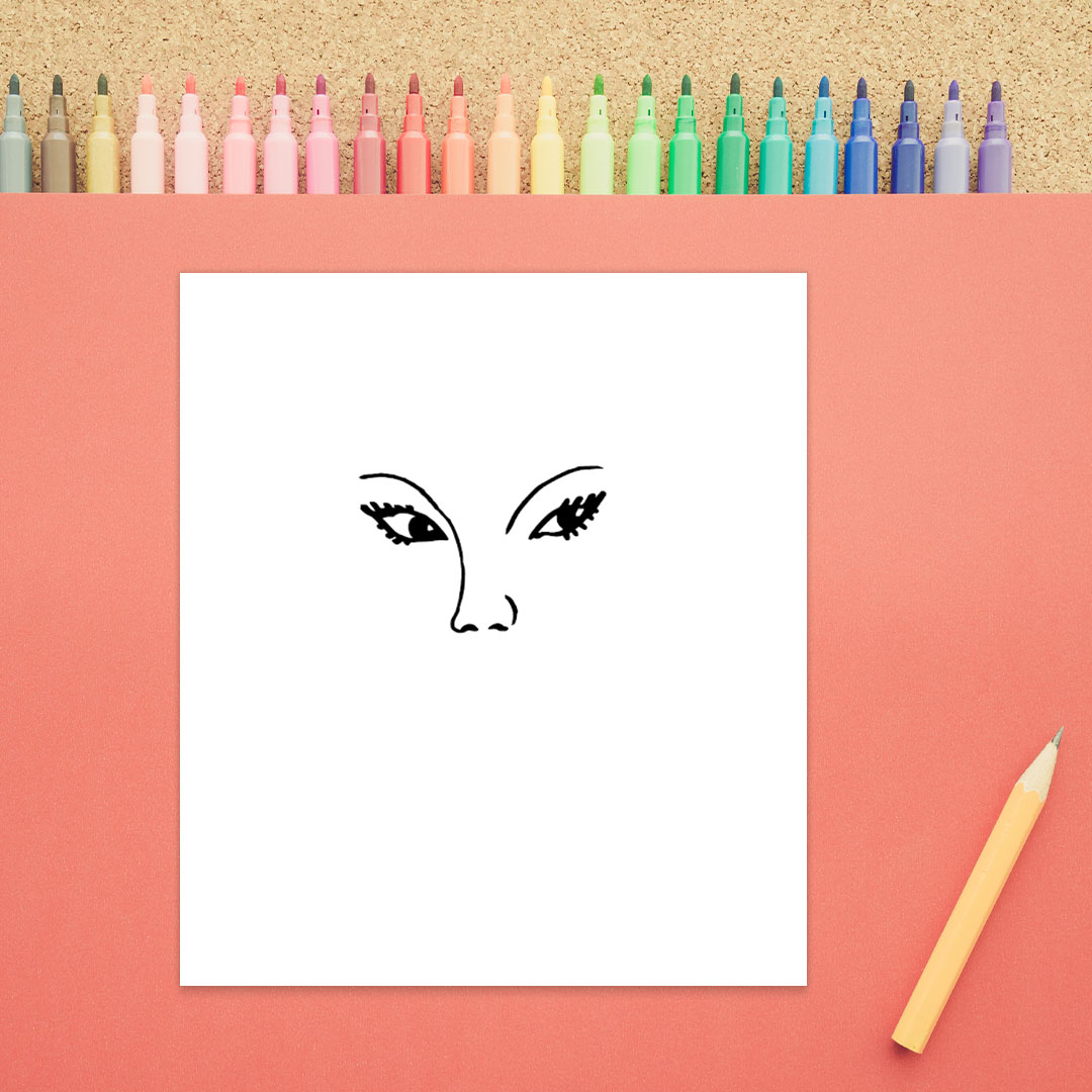 In this second step of how to draw Taylor Swift, two almond shaped eyes with eyelashes are shown. There are two thin slanted eyebrows as well as the outline of a nose.