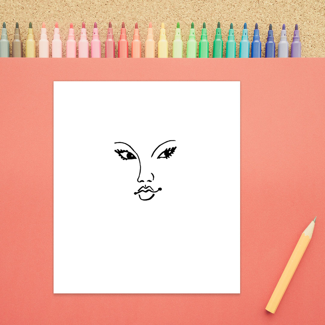 In this first step of how to draw Taylor Swift, a black marker outline of a face on a white background is shown. There are two almond shaped eyes, thin eyebrows, a nose, and a closed mouth.