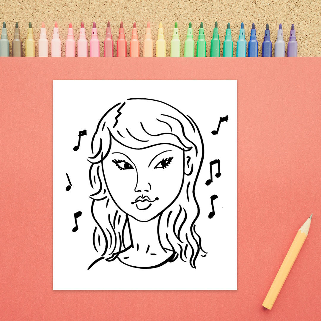 A drawing of a woman's face is shown in black marker on a white background. There are almond shaped eyes, a nose, a mouth, eyebrows, and long wavy hair. There are also musical notes all around her head.