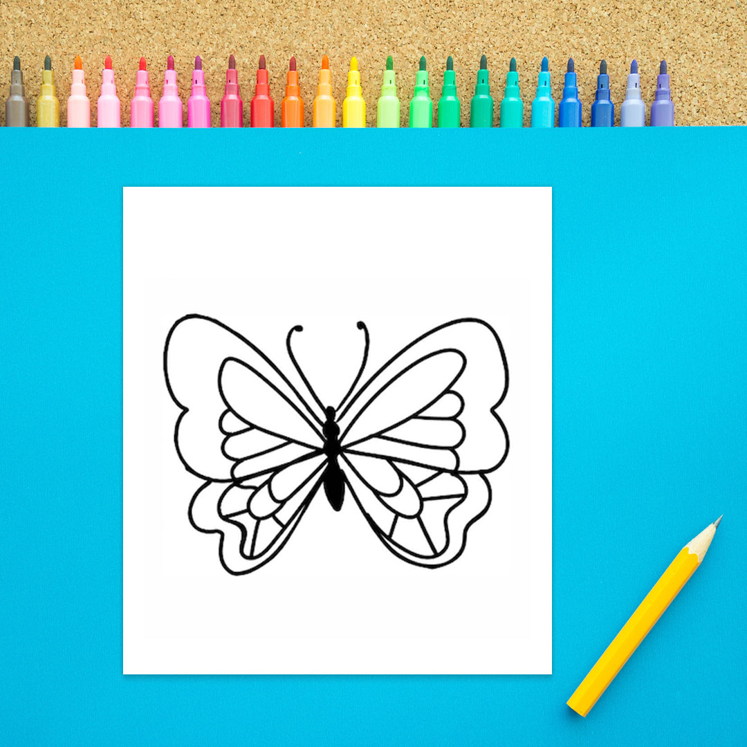 A black body with an oval and three black circles is shown with two long antennae coming off of it. Two wings have detailed designs inside of them in this fourth step of how to draw a butterfly. It is black marker on a white background.