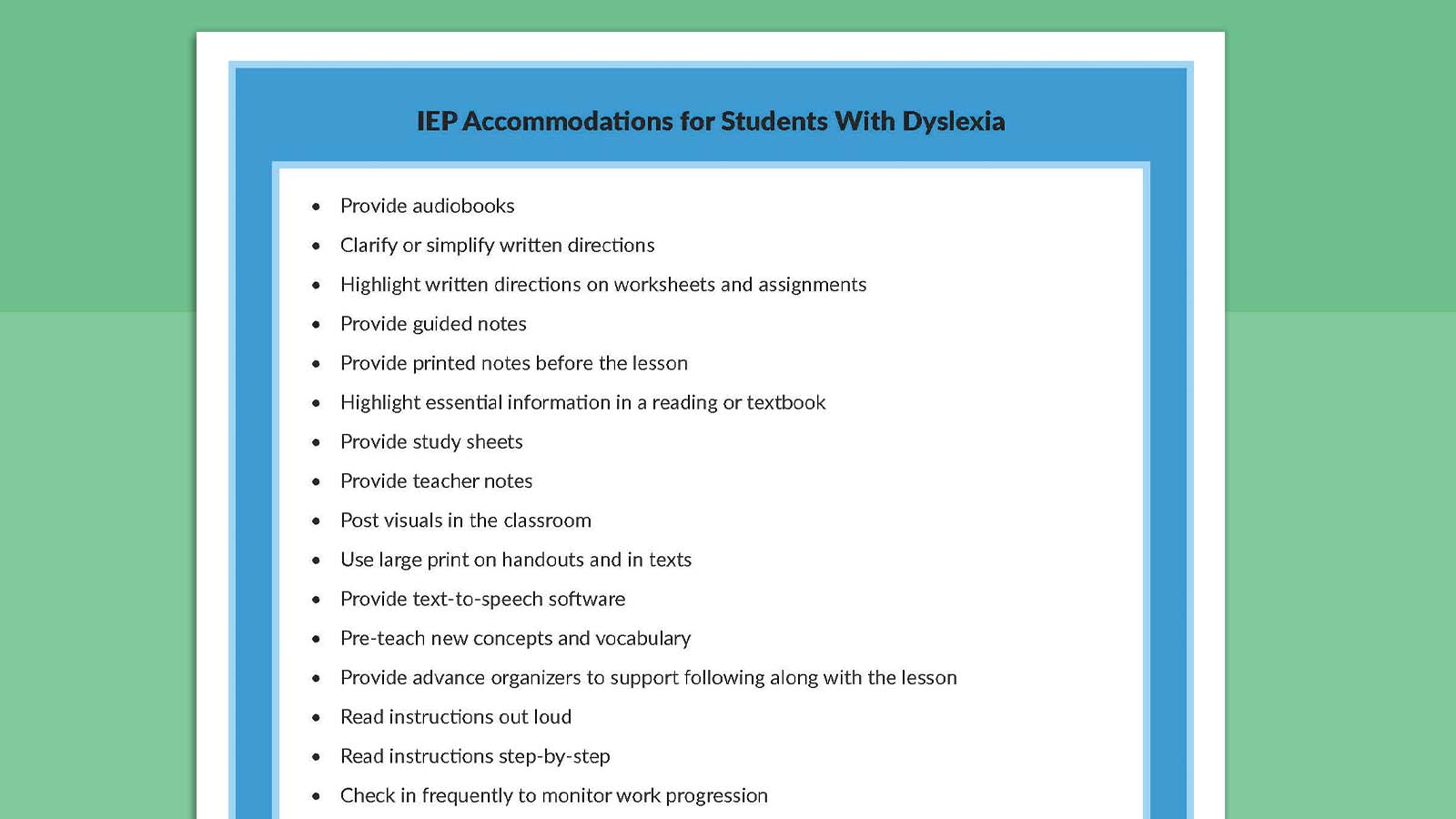 Printable sheet listing IEP accommodations with dyslexia.