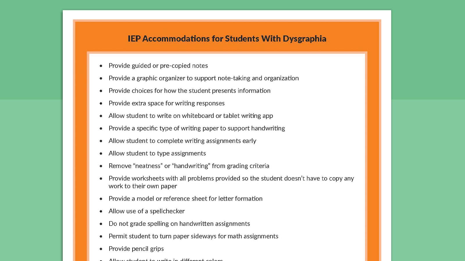 Printable sheet listing IEP accommodations for students with dysgraphia.