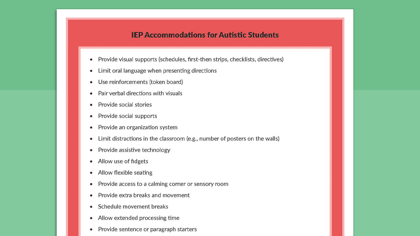 Printable sheet listing IEP accommodations for autistic students.