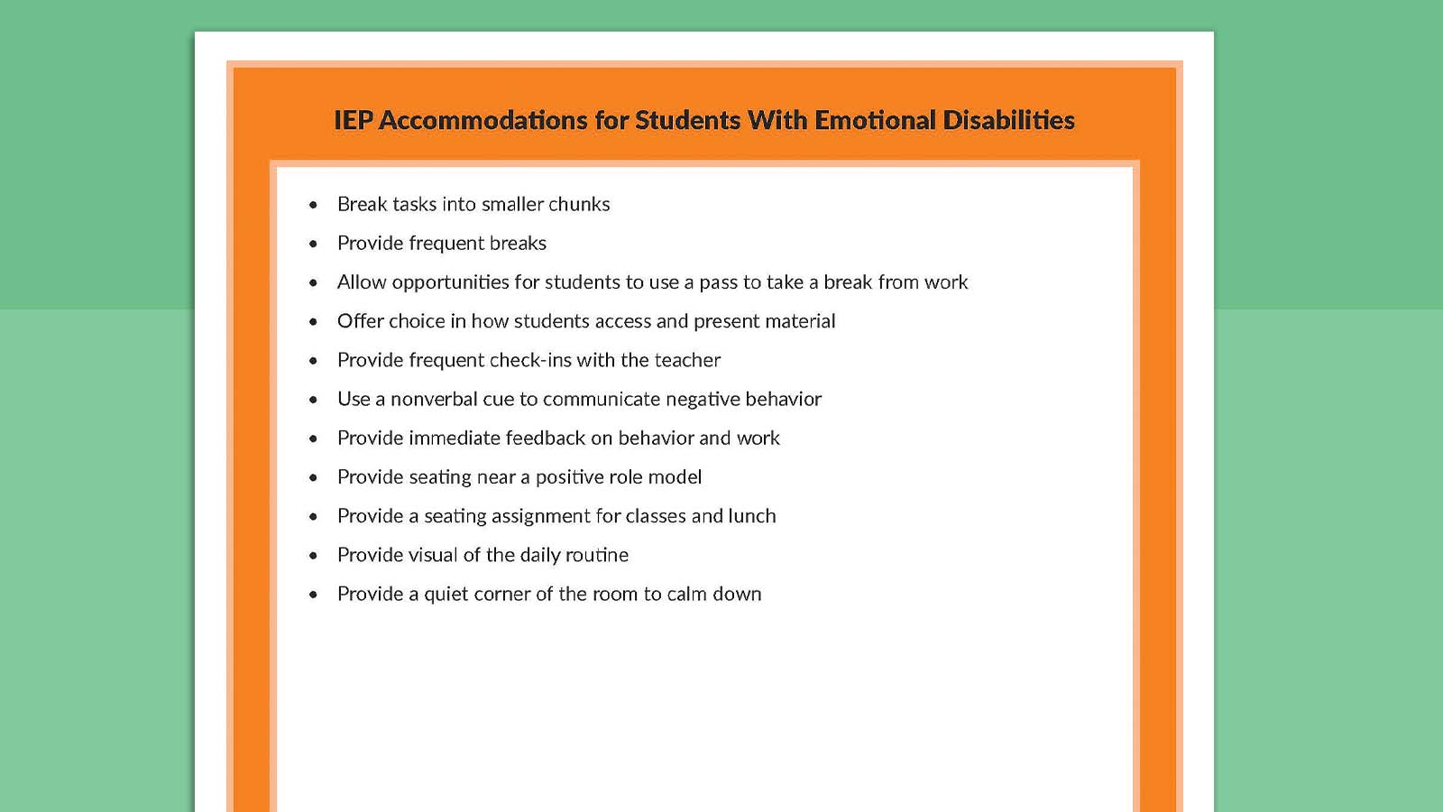 Printable sheet listing IEP accommodations for students with emotional disabilities.