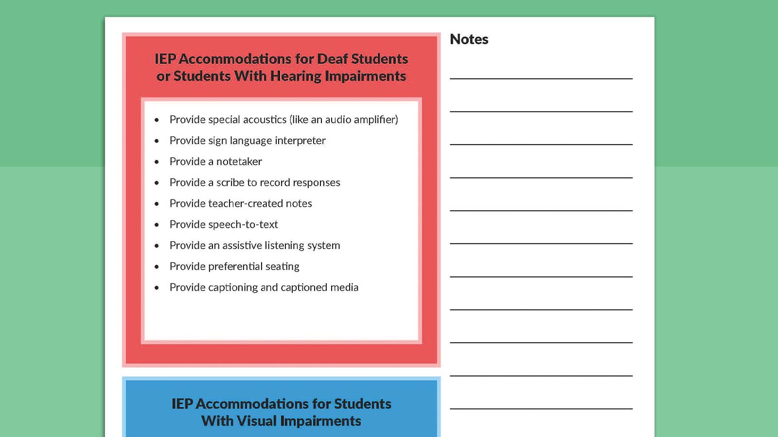Printable sheet listing IEP accommodations for students with visual and hearing impairments.