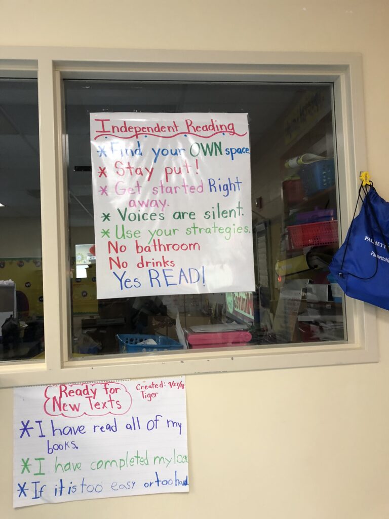 anchor chart hanging on a window with independent reading routine