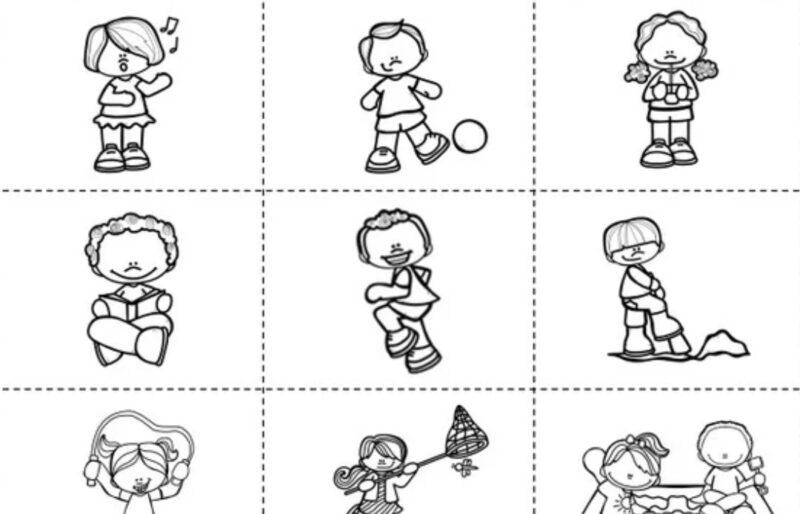black and white drawings of children doing various actions 