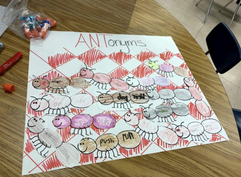 chart with antonyms written on ant images 