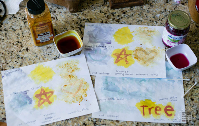 Three drawings are shown with different color cups of ink around them.