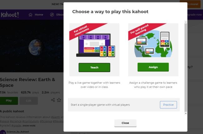 Screenshot showing Kahoot! screen to choose between playing a live game or assigning it for self-paced learning (Kahoot! Ideas)