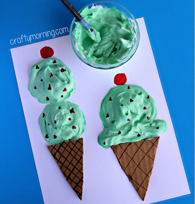 Ice cream cone art is shown that looks like a mint chocolate chip ice cream cone. The ice cream portion is 3-D.
